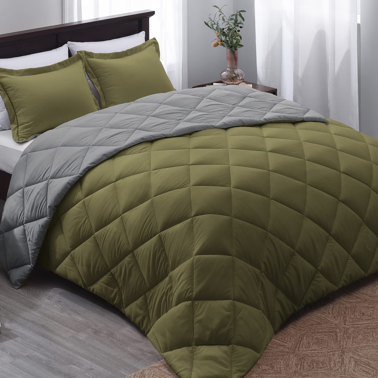 Basic Beyond Queen Comforter Set - Olive Green Comforter Set Queen, Reversible Bed Comforter Queen Set For All Seasons,   Olive